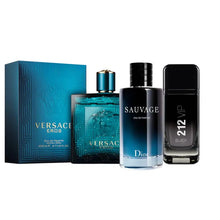 Cargar imagen en el visor de la galería, Kit 3 Perfumes Eros, 212 black, Sauvage 100ml
