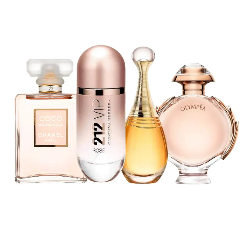 Kit 4 Perfumes Olympea, Mademoiselle, J'adore, 212 Vip Rosé